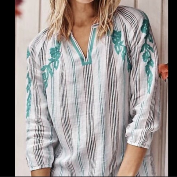 J. Jill 100% linen embroidered floral V-neck Long Sleeve Striped Blouse - Picture 1 of 16